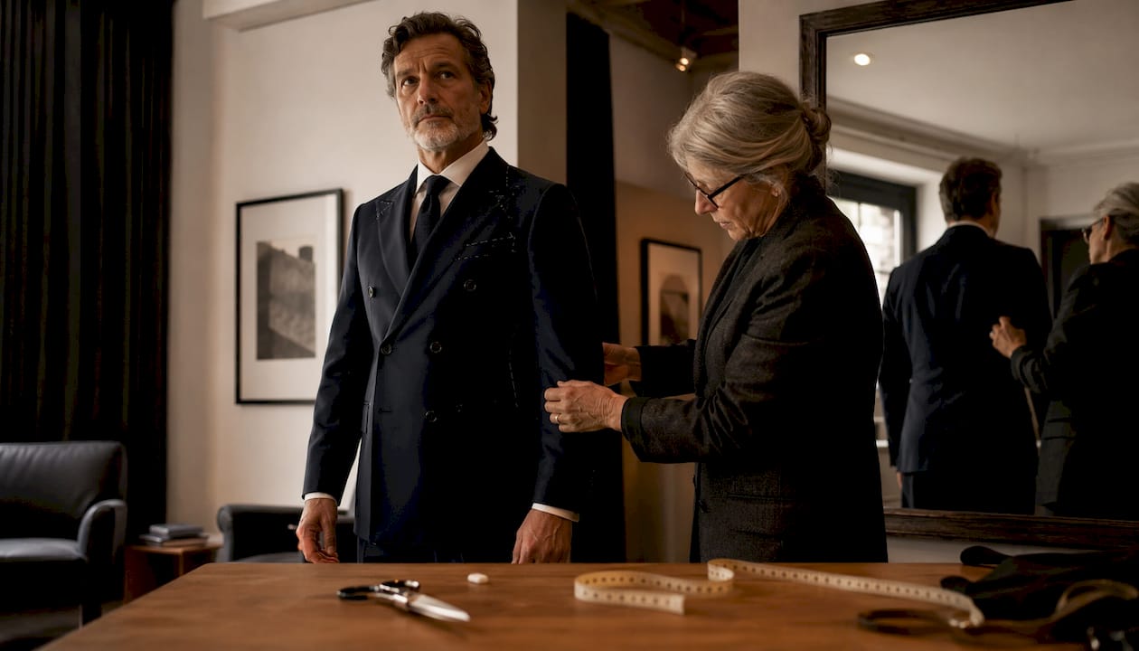 Man fitting double-breasted suit in tailor's room