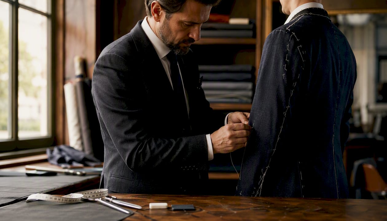 Tailor adjusting basted suit jacket on client