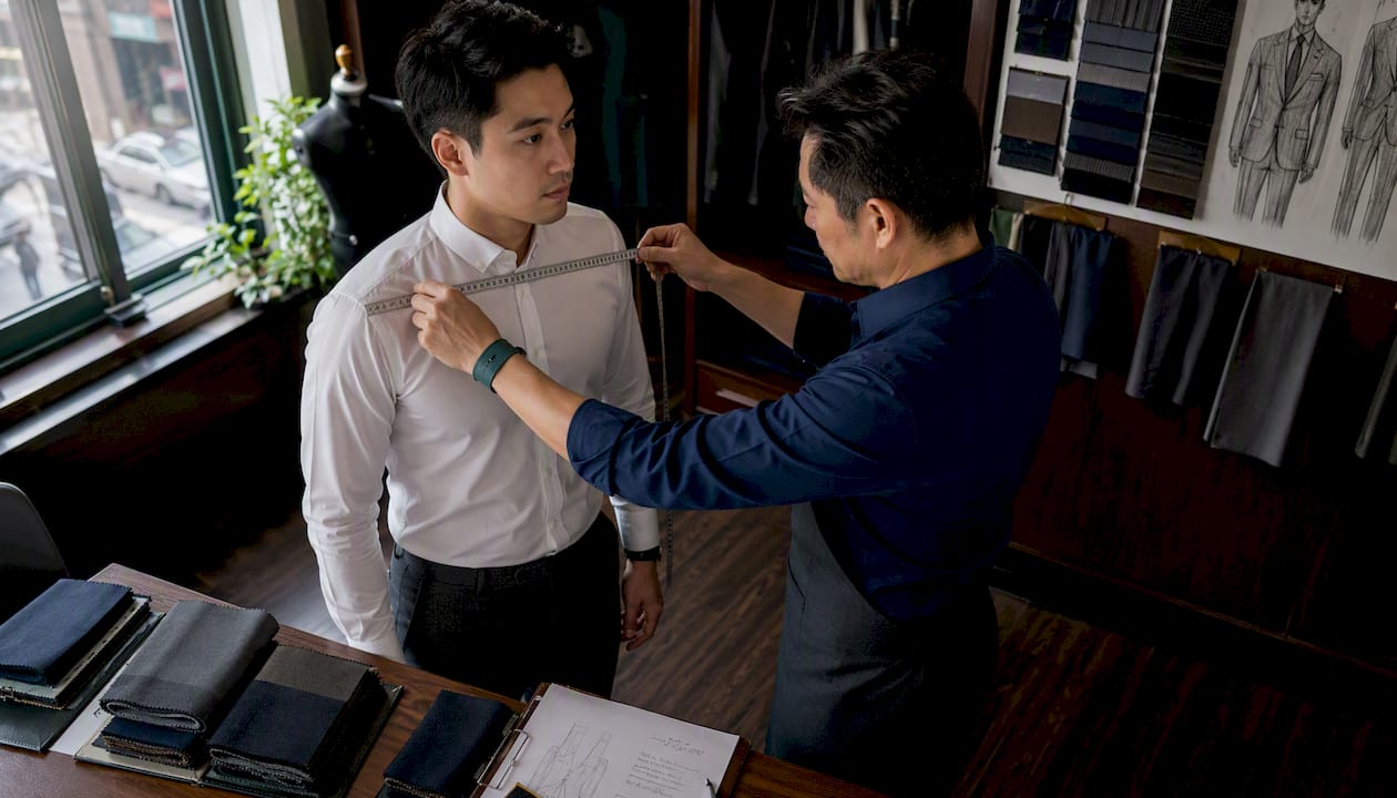 新郎在西装定制店试穿量身,准备为婚礼打造专属礼服。