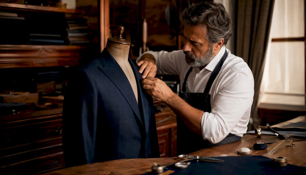 Tailor crafting notch lapel suit on mannequin