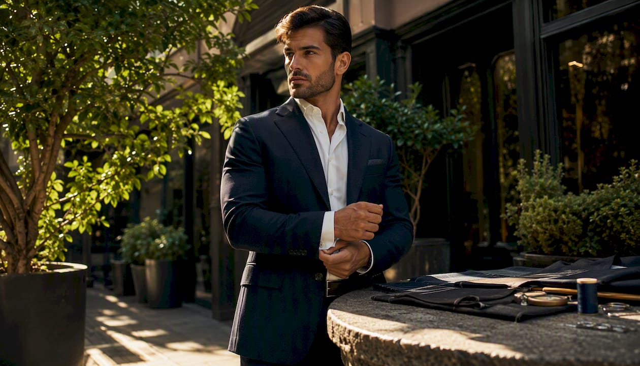 Muscular man fitting athletic cut suit indoors