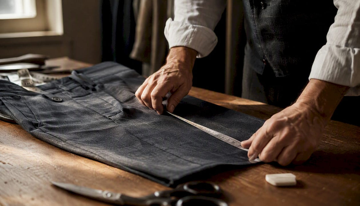 Tailor measuring trouser front rise on fabric