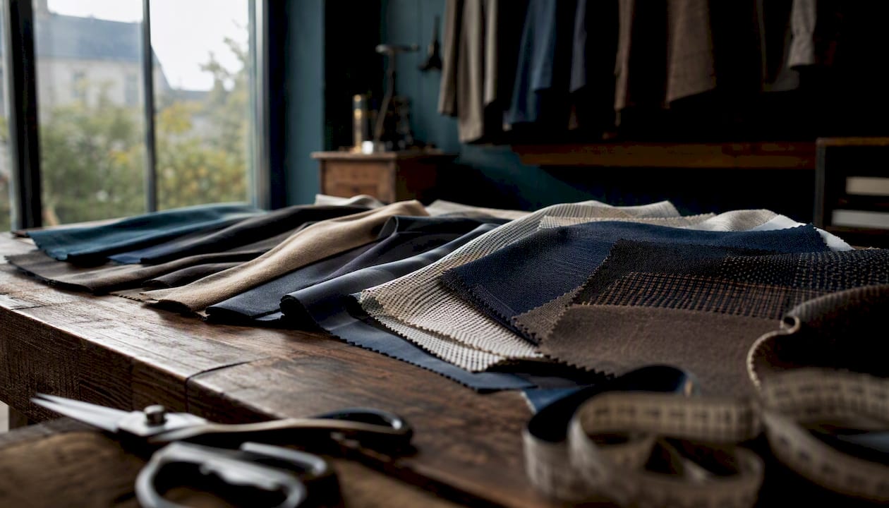 Hands examining various suit fabric swatches