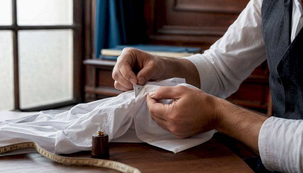 Tailor sewing shirt gusset close-up
