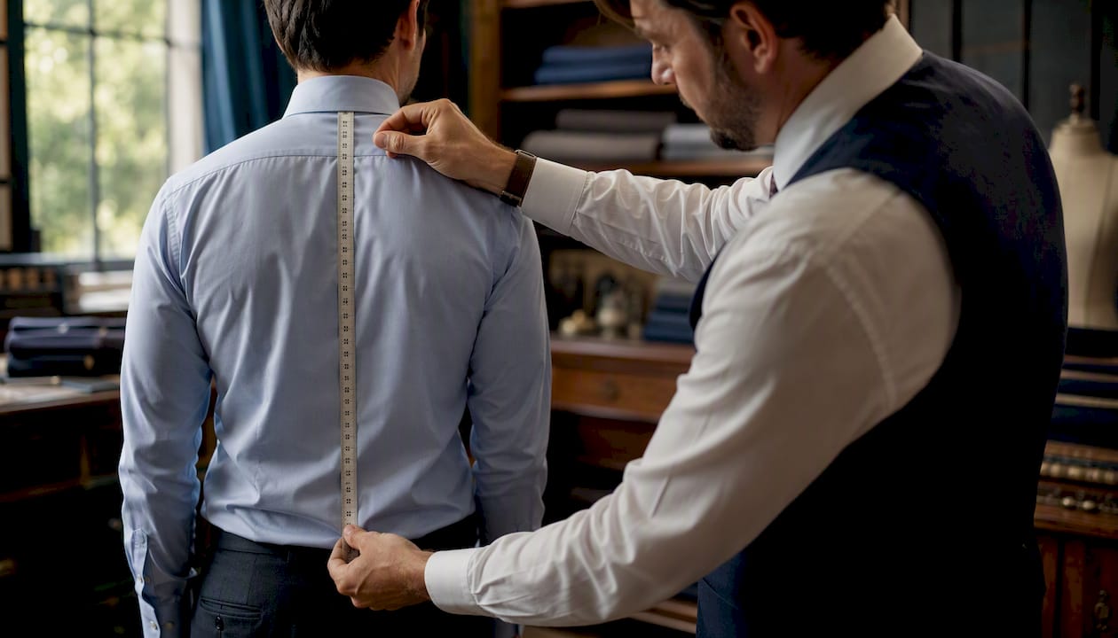 Tailor measuring dress shirt length on man