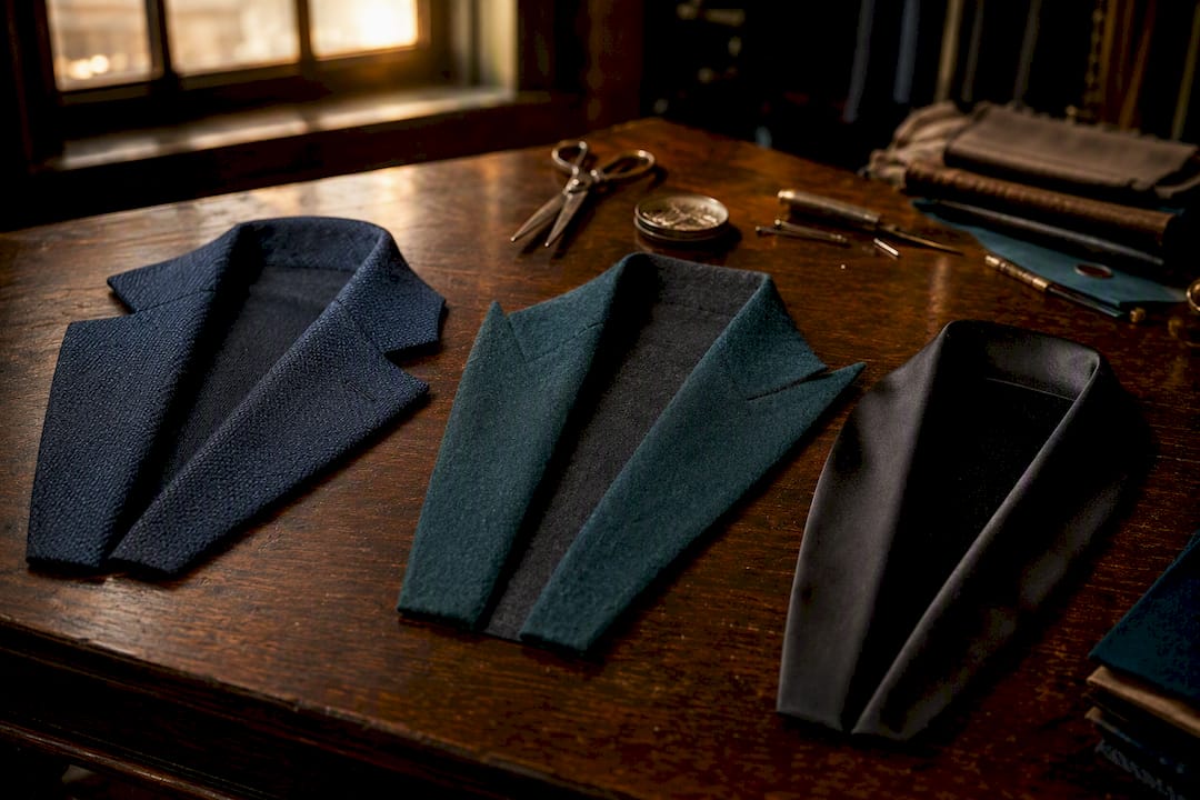 Three jacket lapels: notch, peak, and shawl on fabric