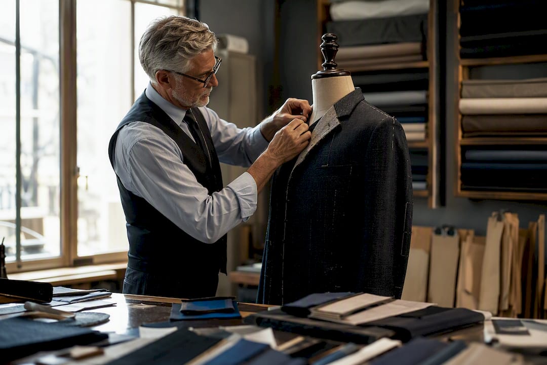 Tailor adjusting suit jacket shoulder seam