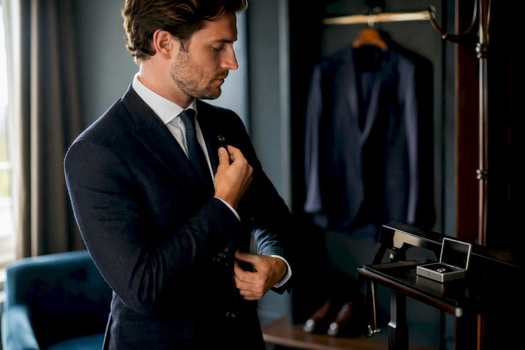 Man adjusting dark blazer lapel in dressing room