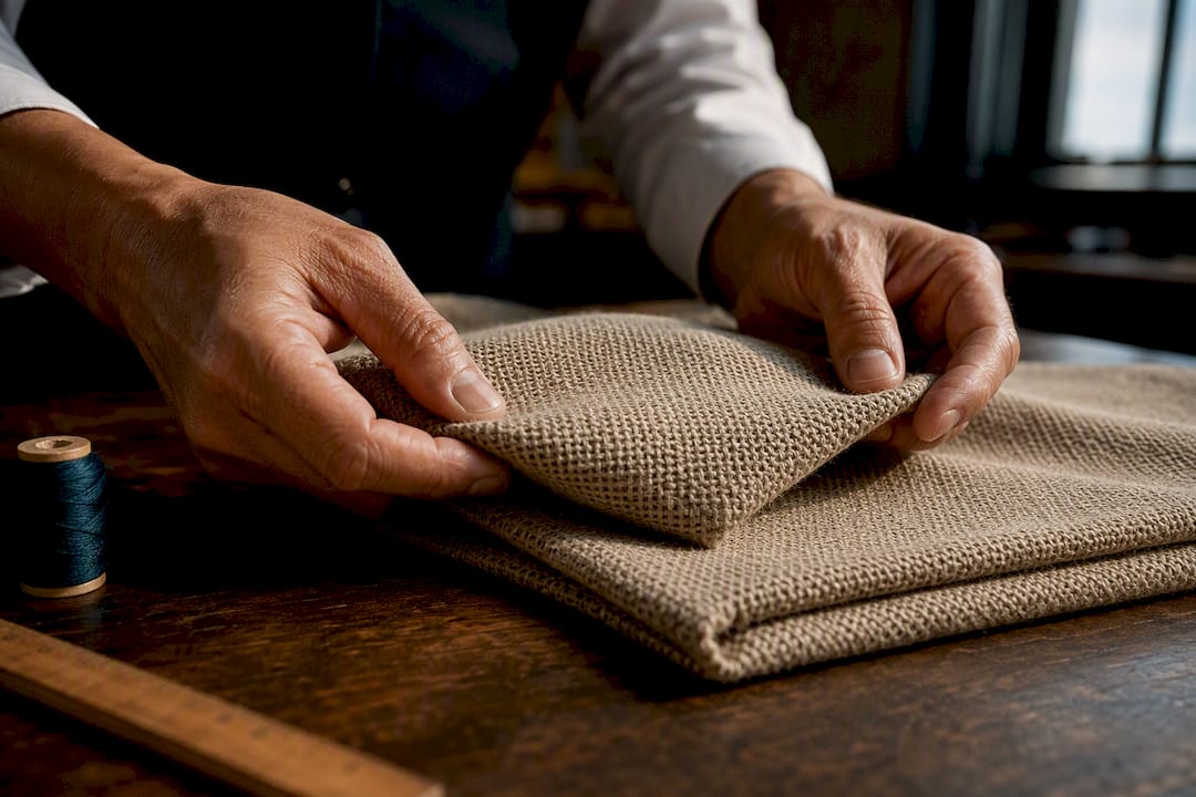 Tailor examining open hopsack fabric weave