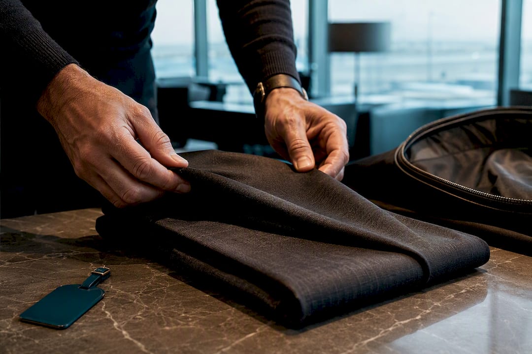 High-twist suiting fabric folded for travel
