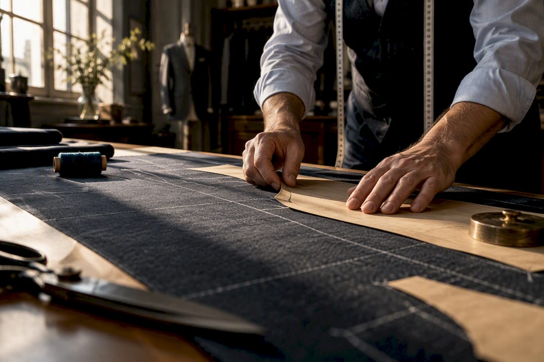 Tailor aligning bespoke suit pattern pieces