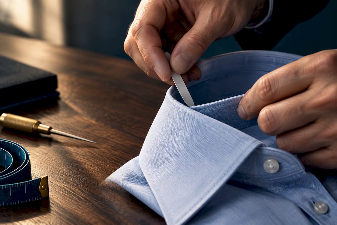 Tailor inserting collar stay into shirt collar