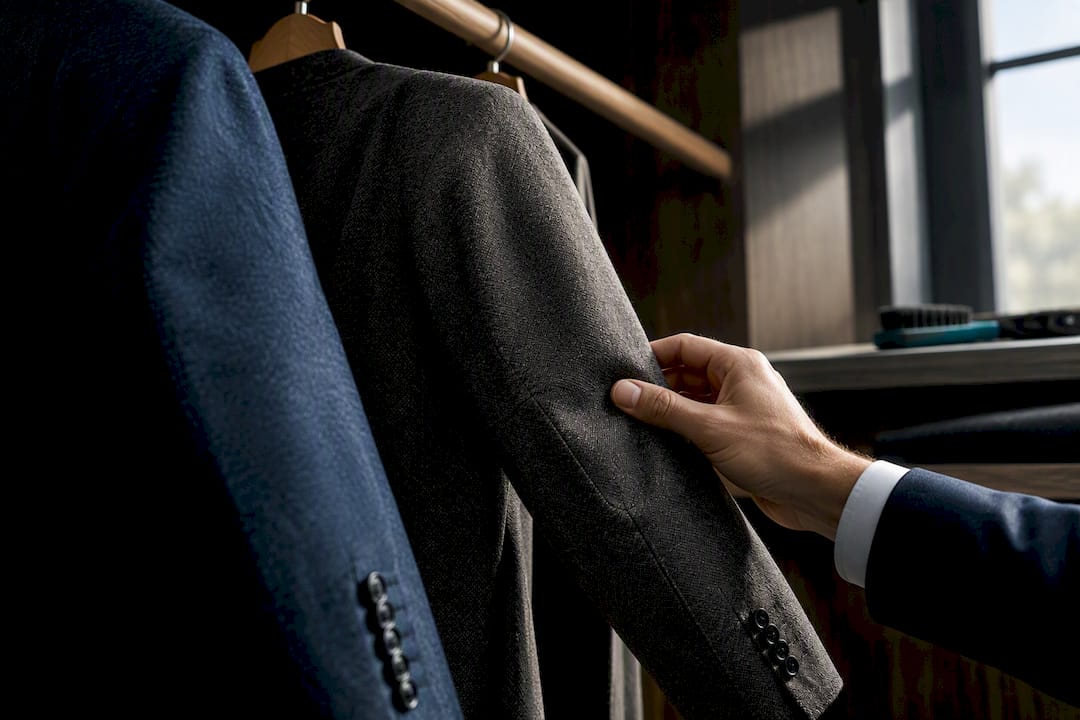 Tailor examining wool jacket fabric