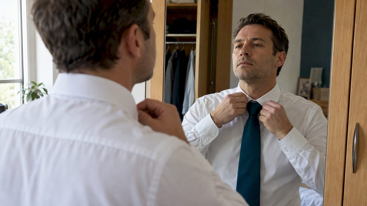 Man adjusting a shirt collar gap