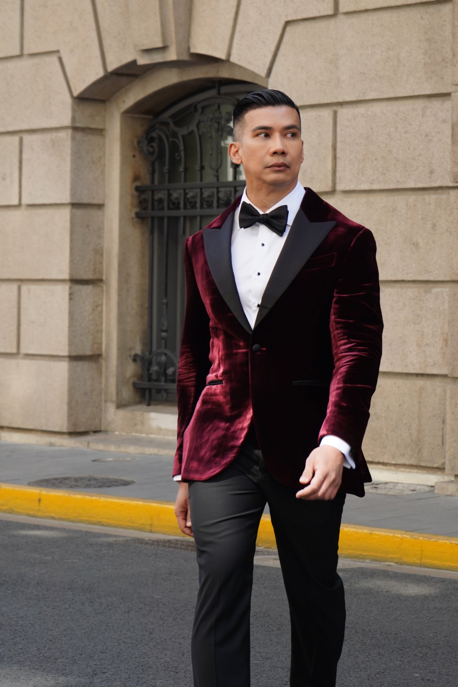 Burgundy velvet bespoke tuxedo