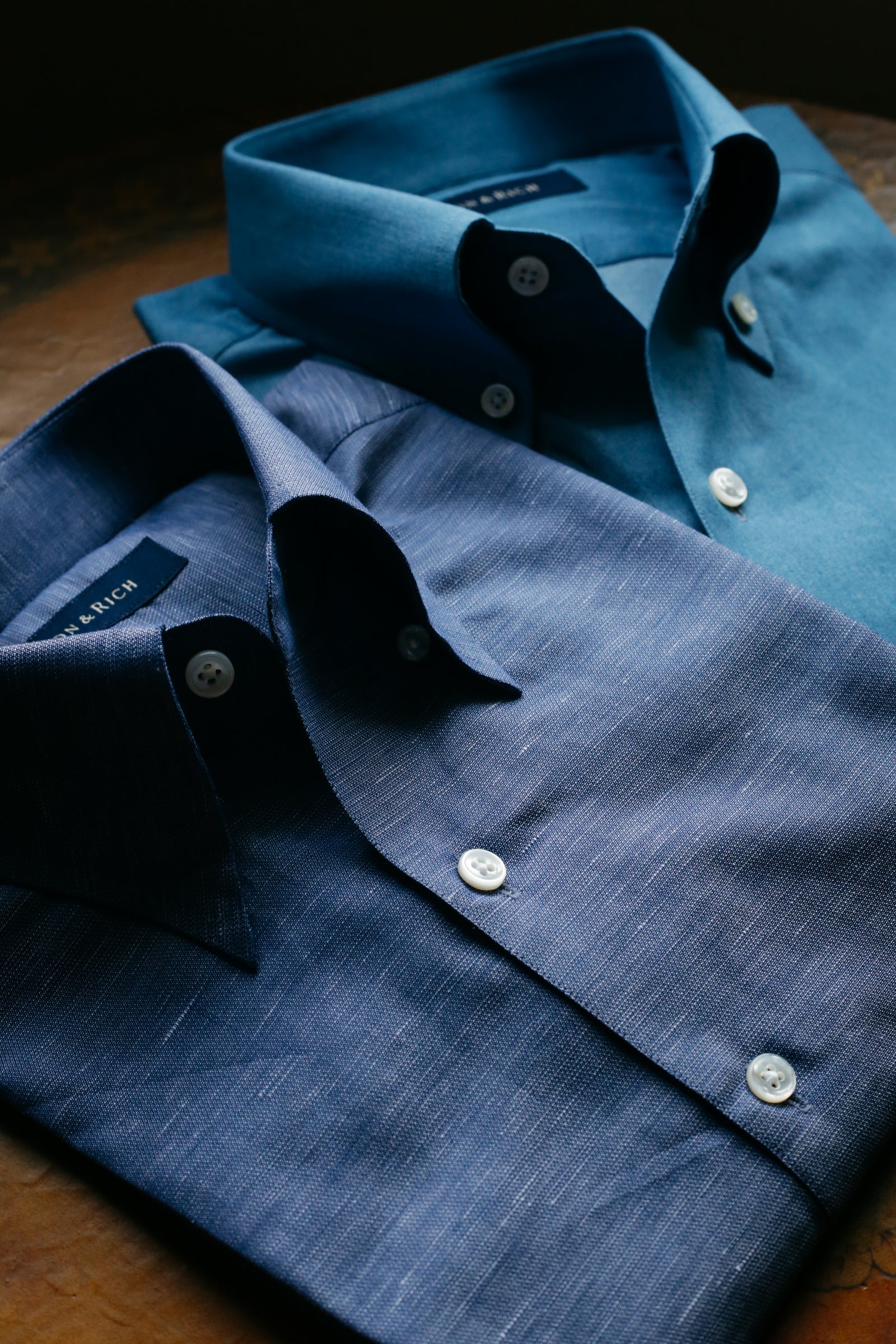 Blue linen bespoke shirt collar detail