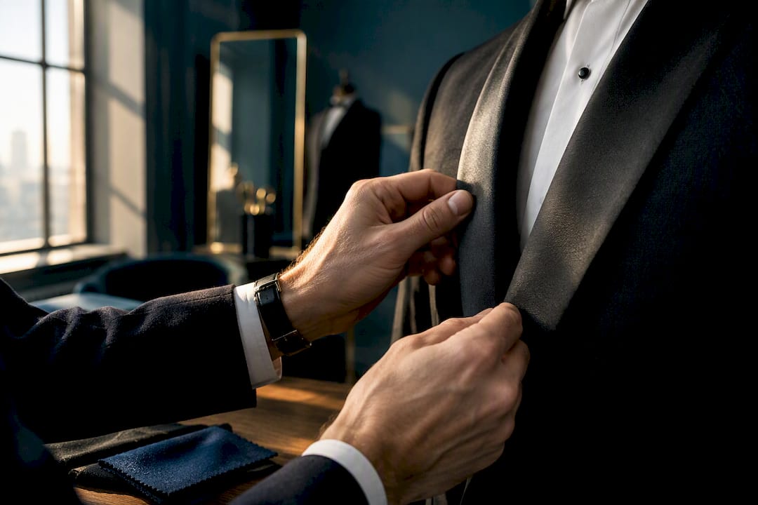 Tailor aligning a black tie lapel