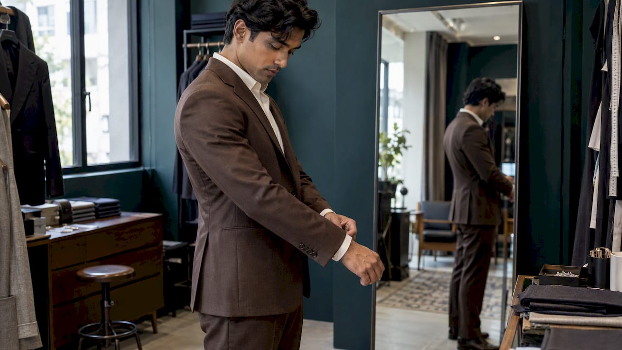 Man checking the fit of a brown bespoke suit