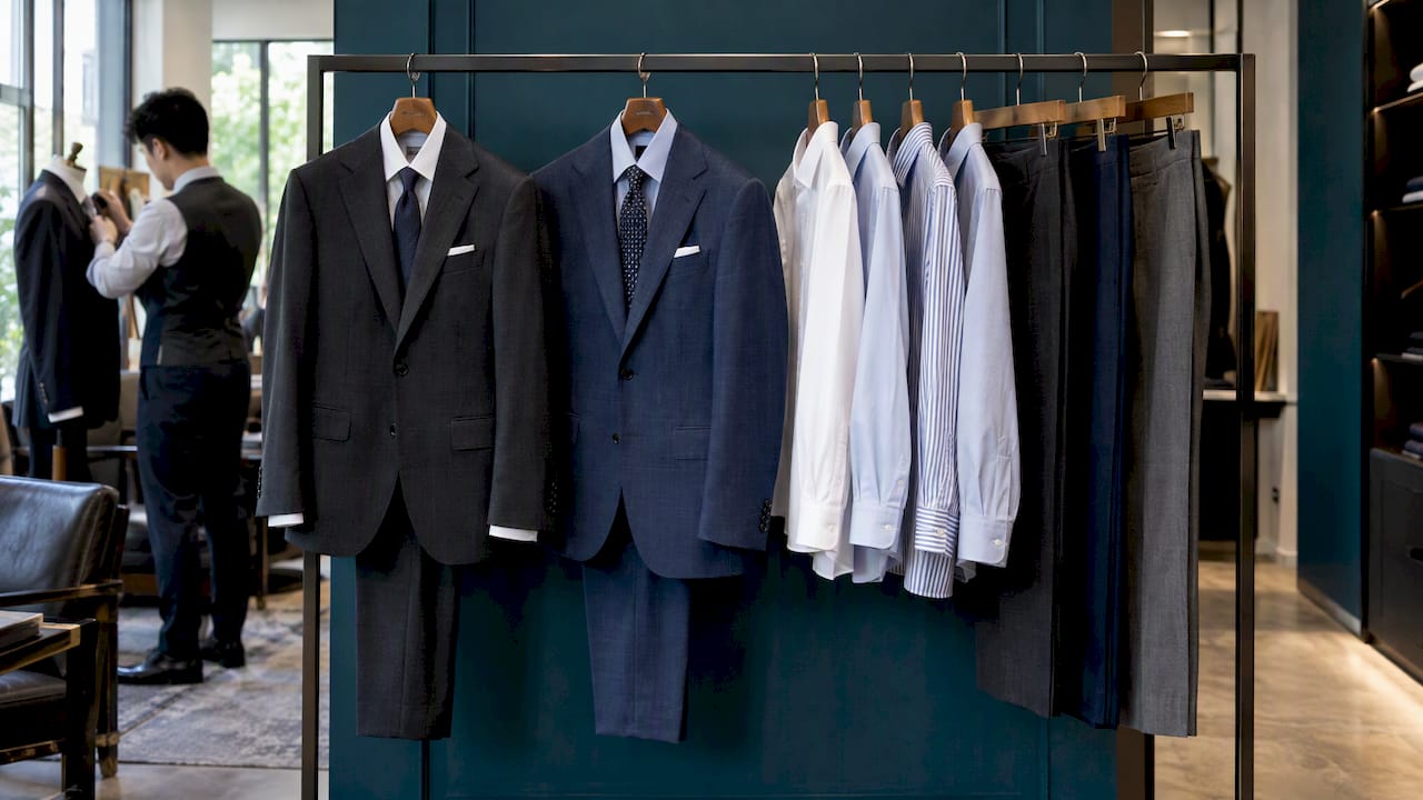 Executive suits and shirts on a wardrobe rail