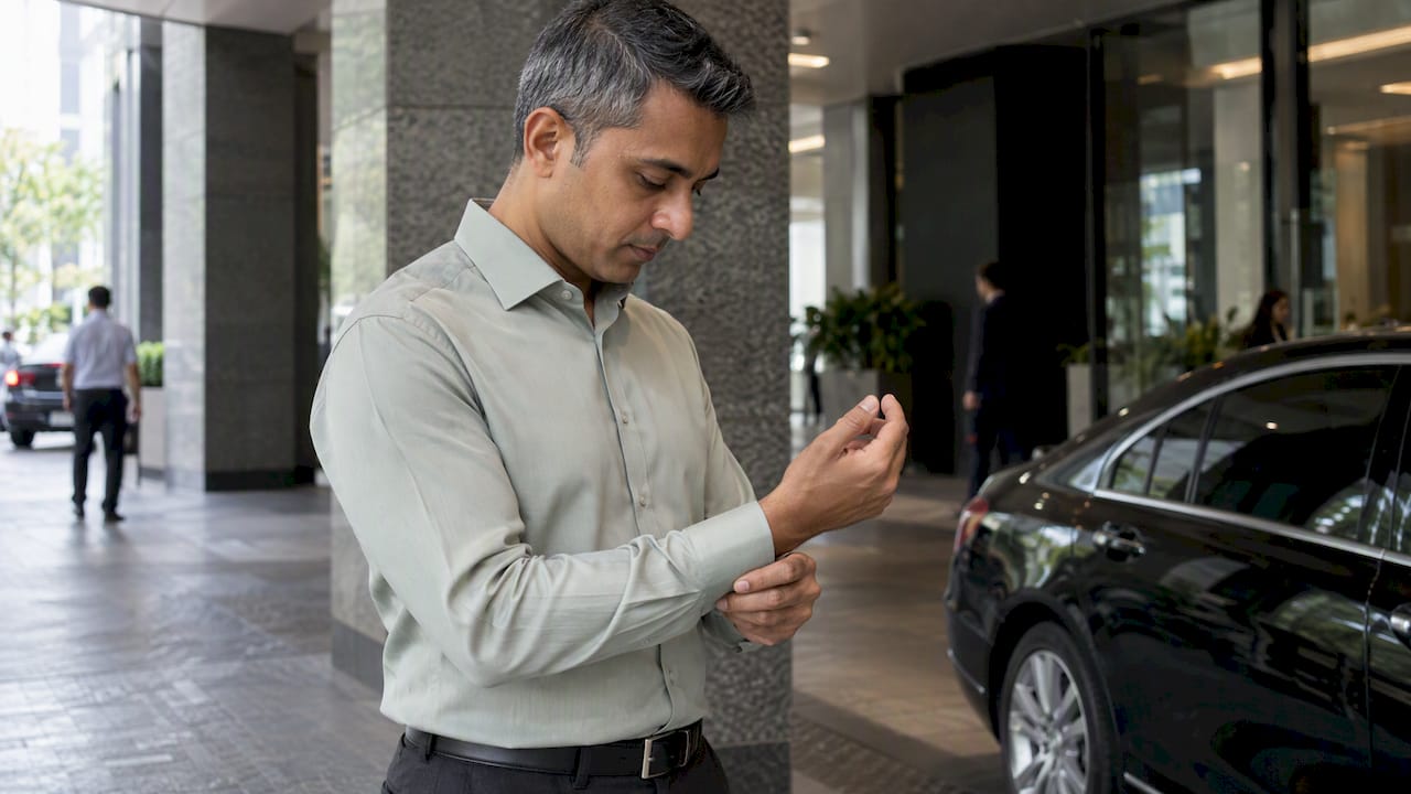 Man checking the fit of his shirt cuff