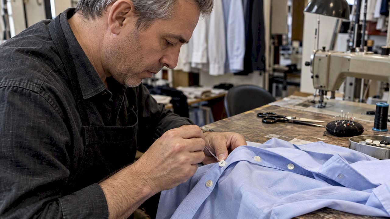 Tailor sewing an extra button onto shirt placket