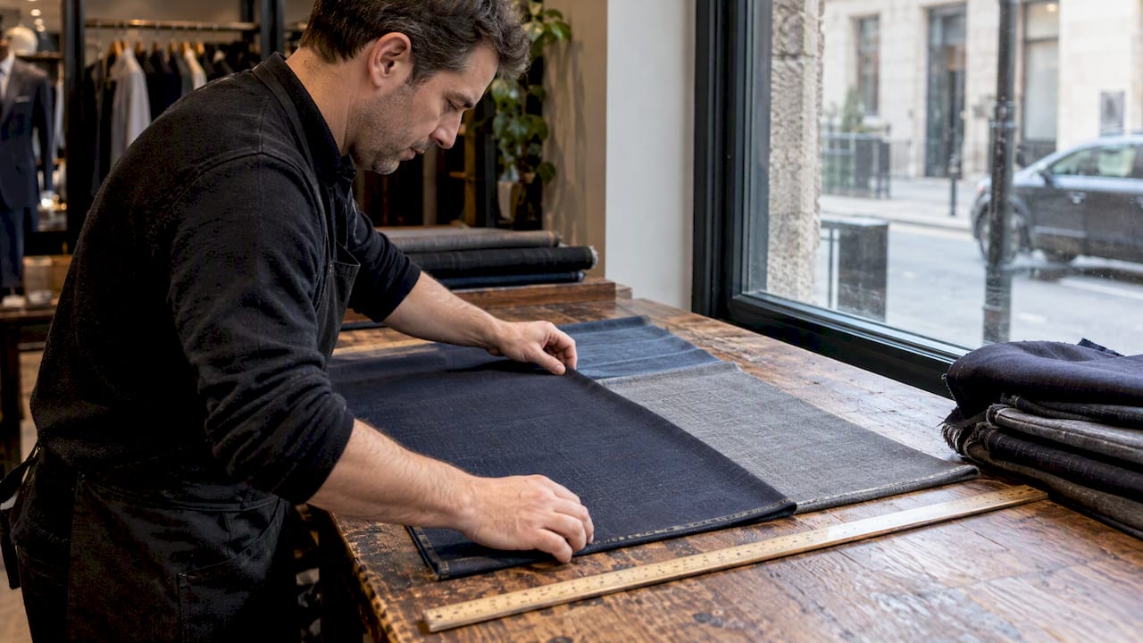 Suit fabrics compared in natural daylight