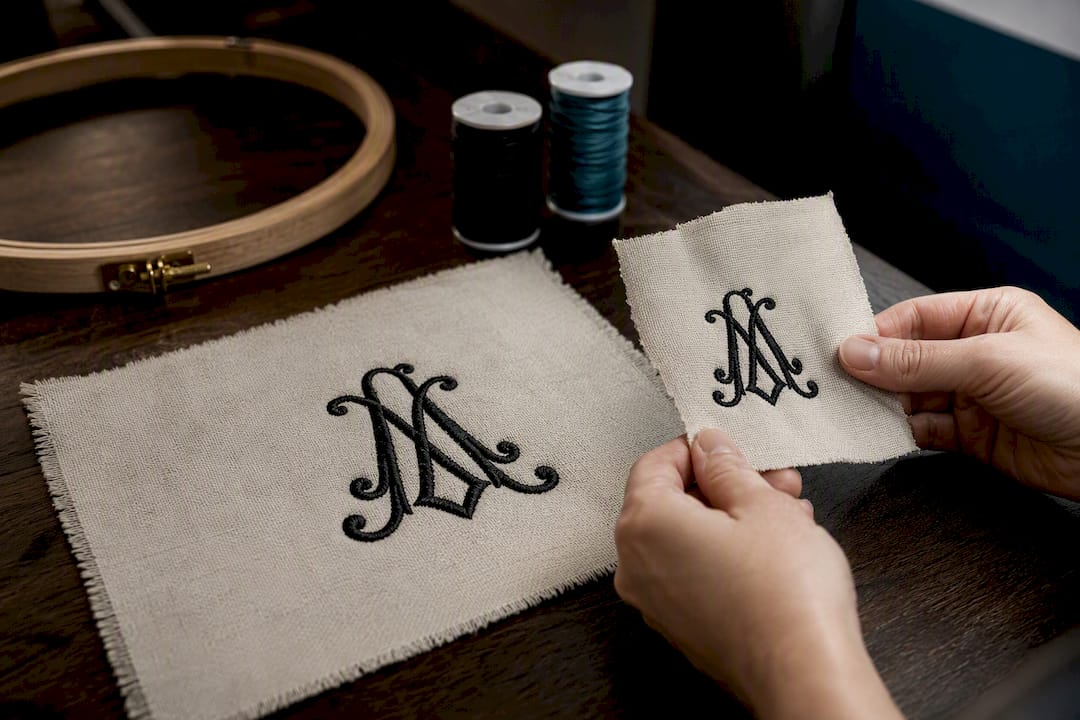 Embroidered stitch-out sample on fabric
