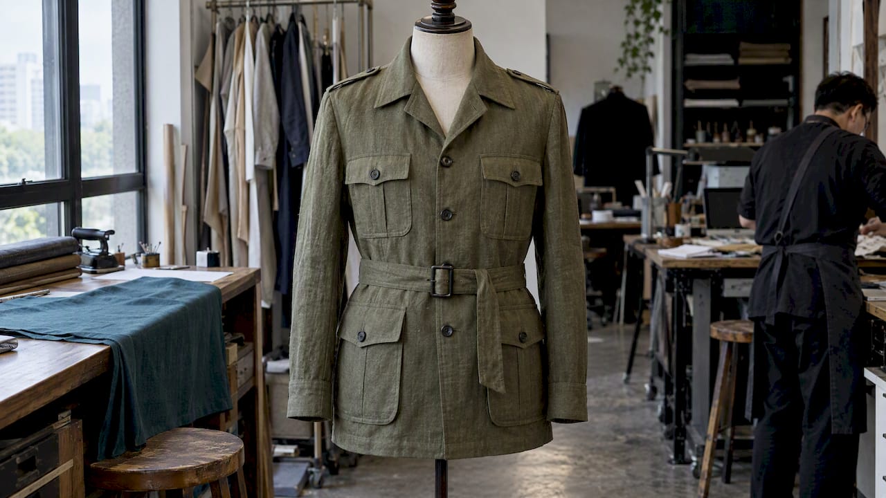 Bespoke olive safari jacket on a fitting form
