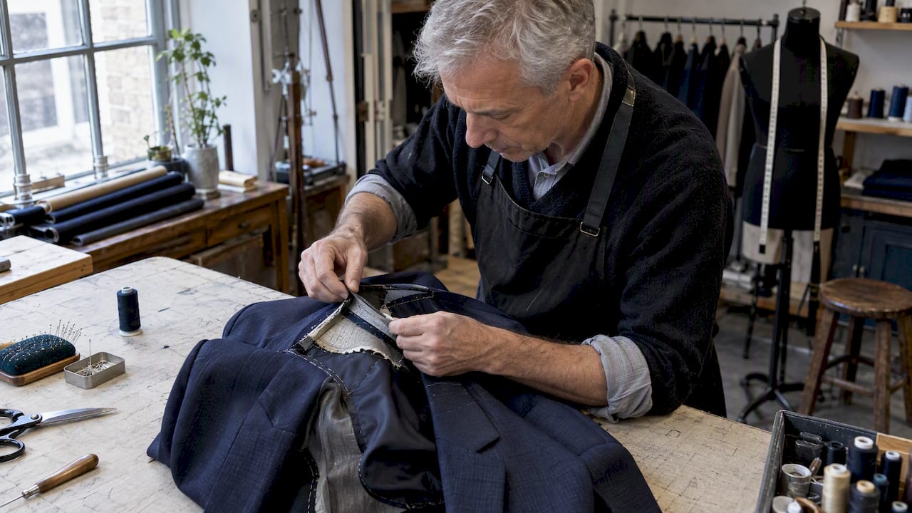 Tailor reshaping a jacket collar