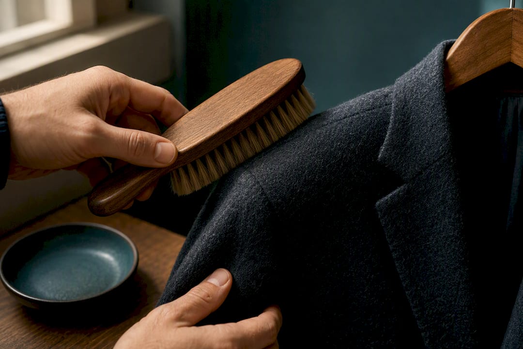 Hands brushing wool jacket sleeve
