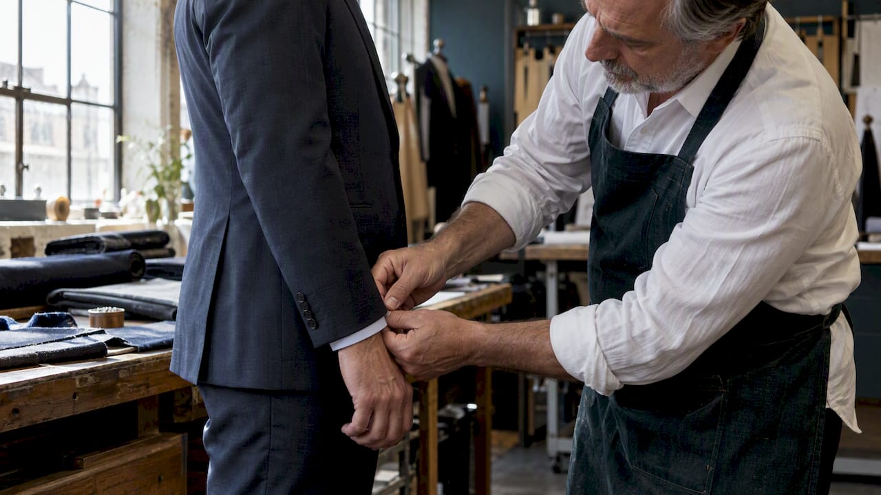 Tailor checking a suit sleeve at the wrist
