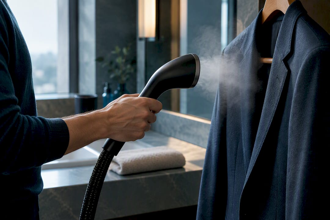 Steamer held away from tailored jacket