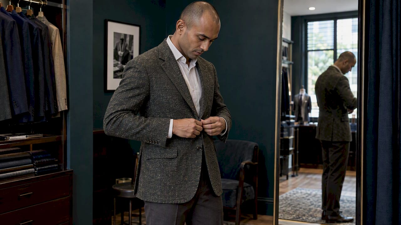 Man wearing charcoal-green tweed sport coat
