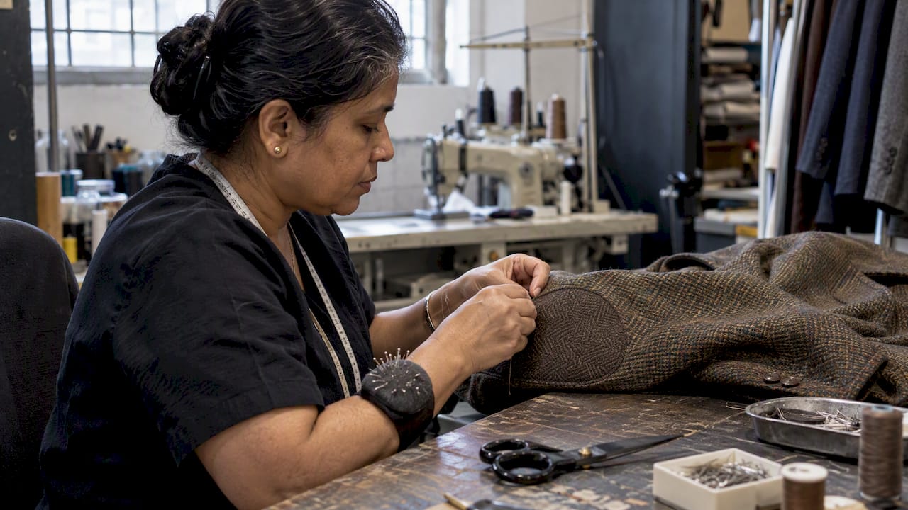 Tailor stitching an elbow patch onto tweed