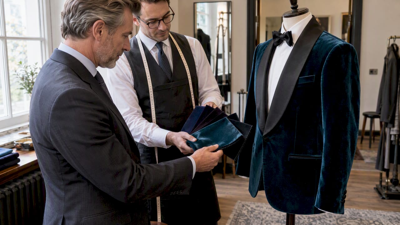 Client comparing bespoke velvet tuxedo jacket