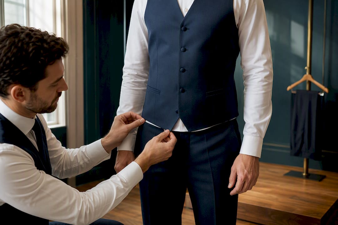 Tailor checking waistcoat hem alignment
