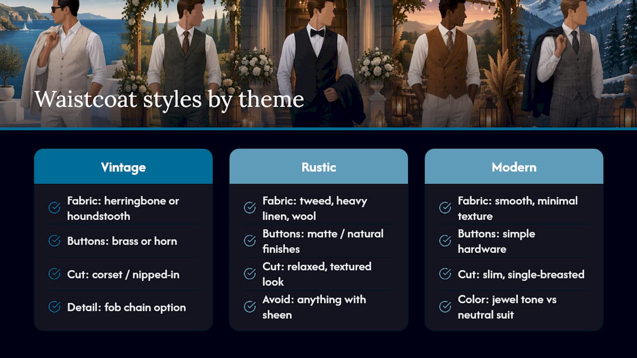 Choosing a waistcoat style to match your wedding theme, overview diagram