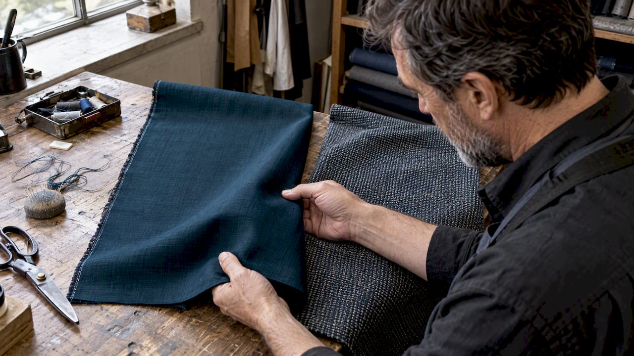 Tailor comparing two suiting fabric weaves