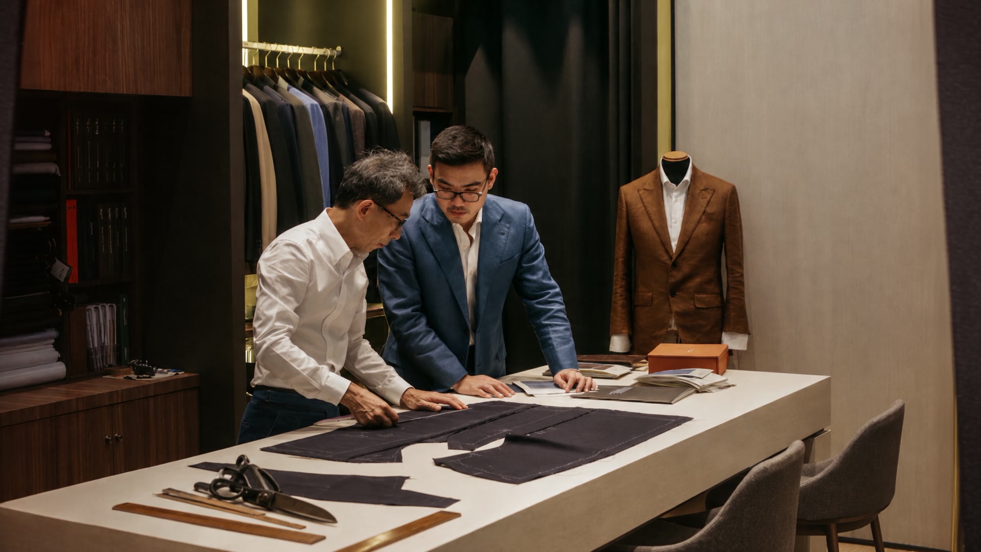 Richard and Aaron Fan at the cutting table in the Ron & Rich atelier
