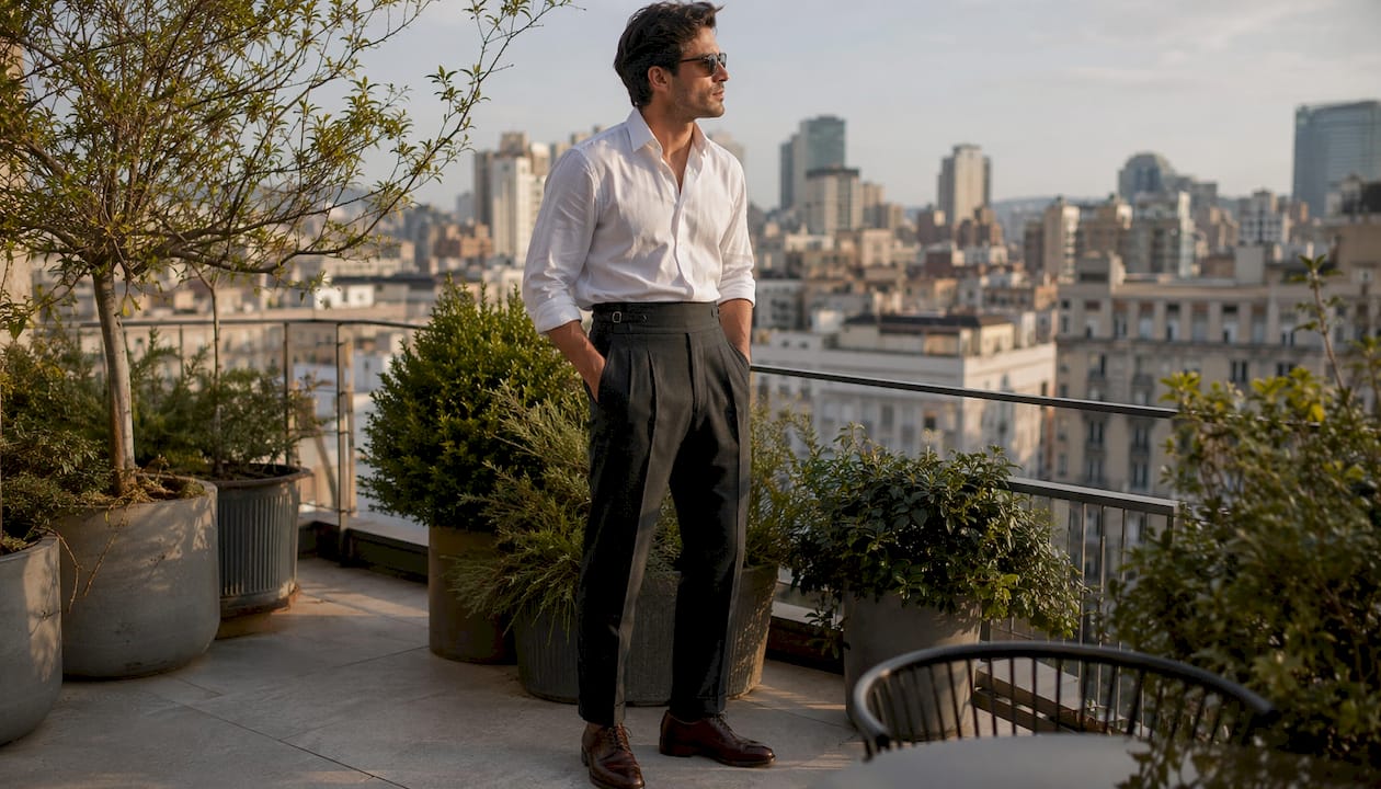 Man wearing Gurkha trousers in urban loft