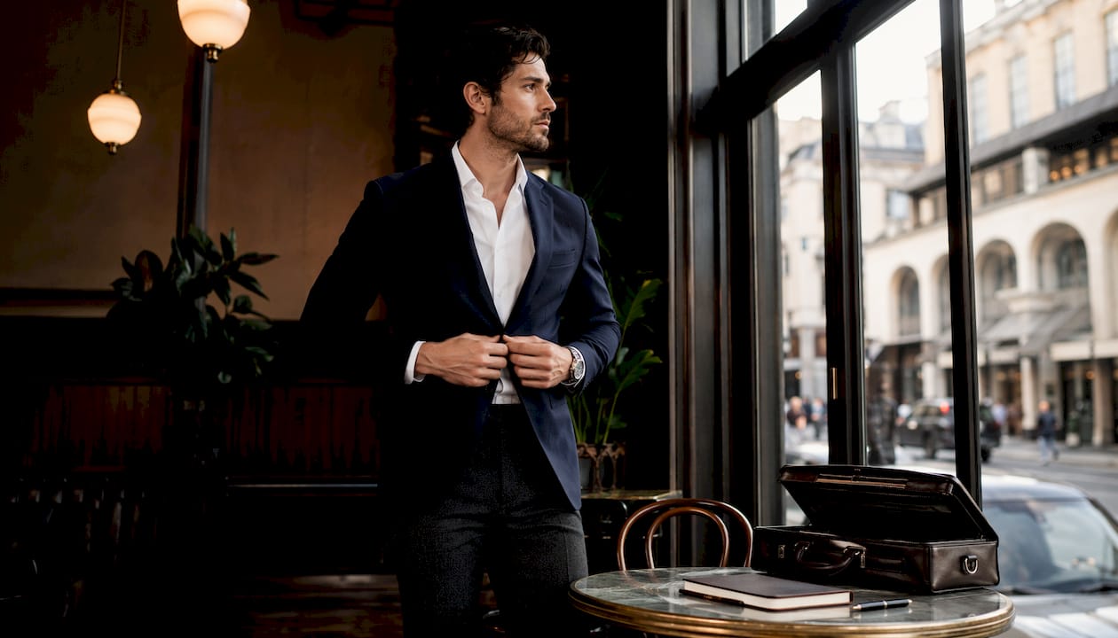 Man in tailored business casual outfit adjusting blazer