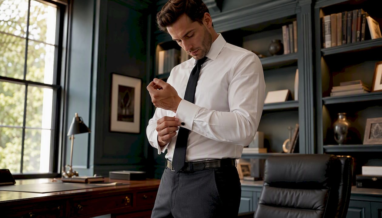 Man adjusting French cuff shirt sleeve