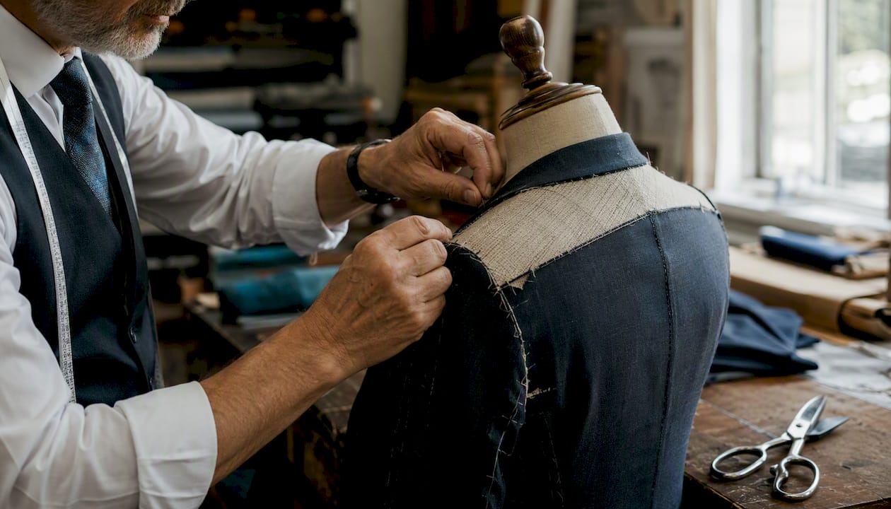 Tailor shaping bespoke suit shoulder