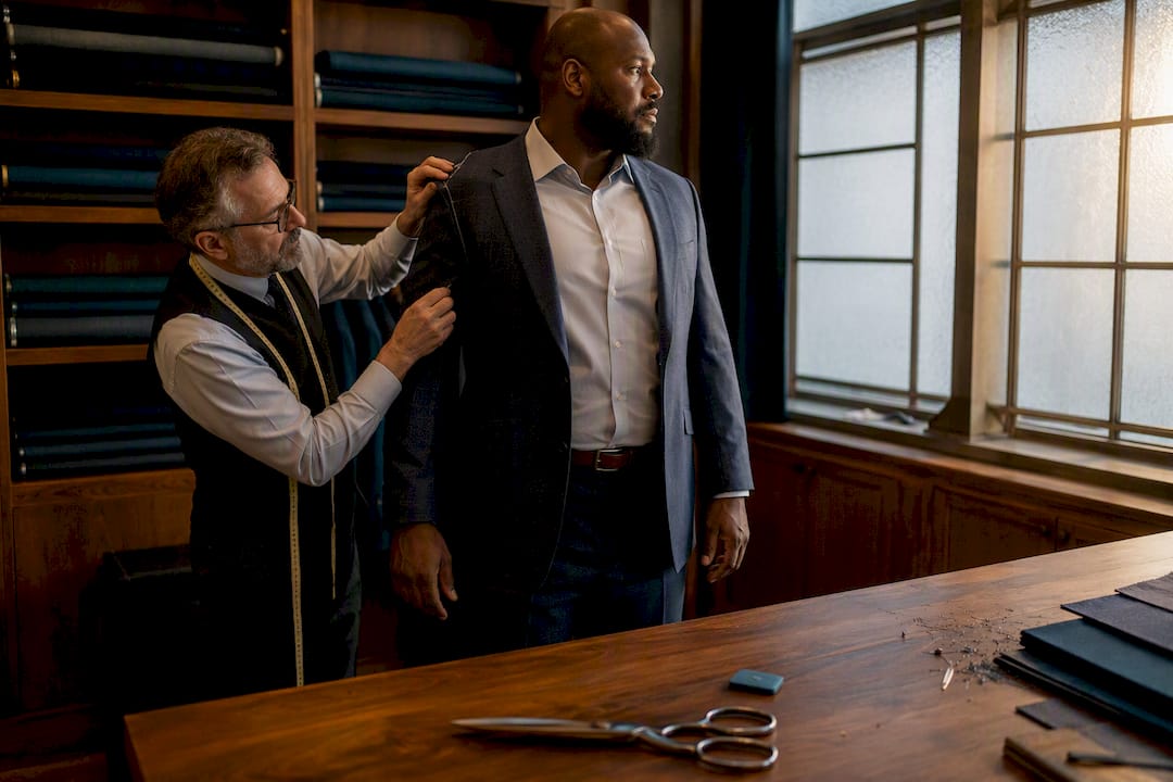 Tailor pinning jacket on big tall man