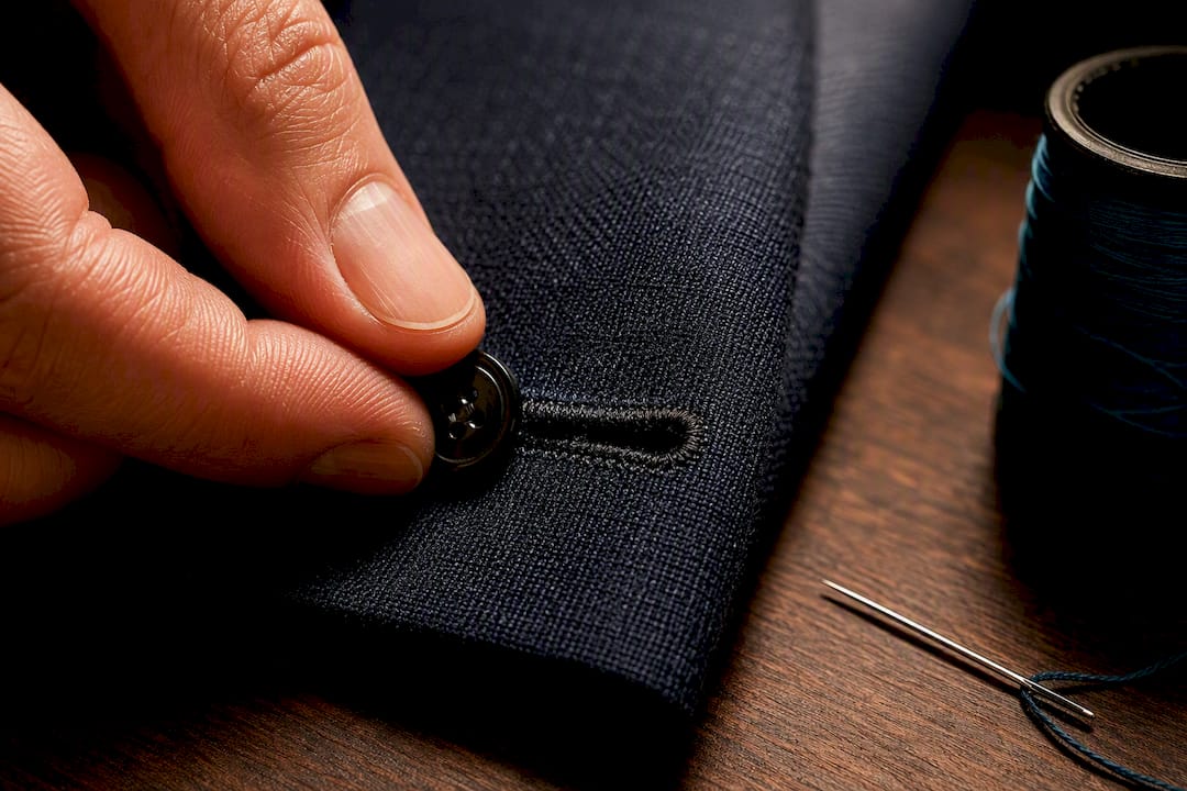 Tailor guiding button through working buttonhole
