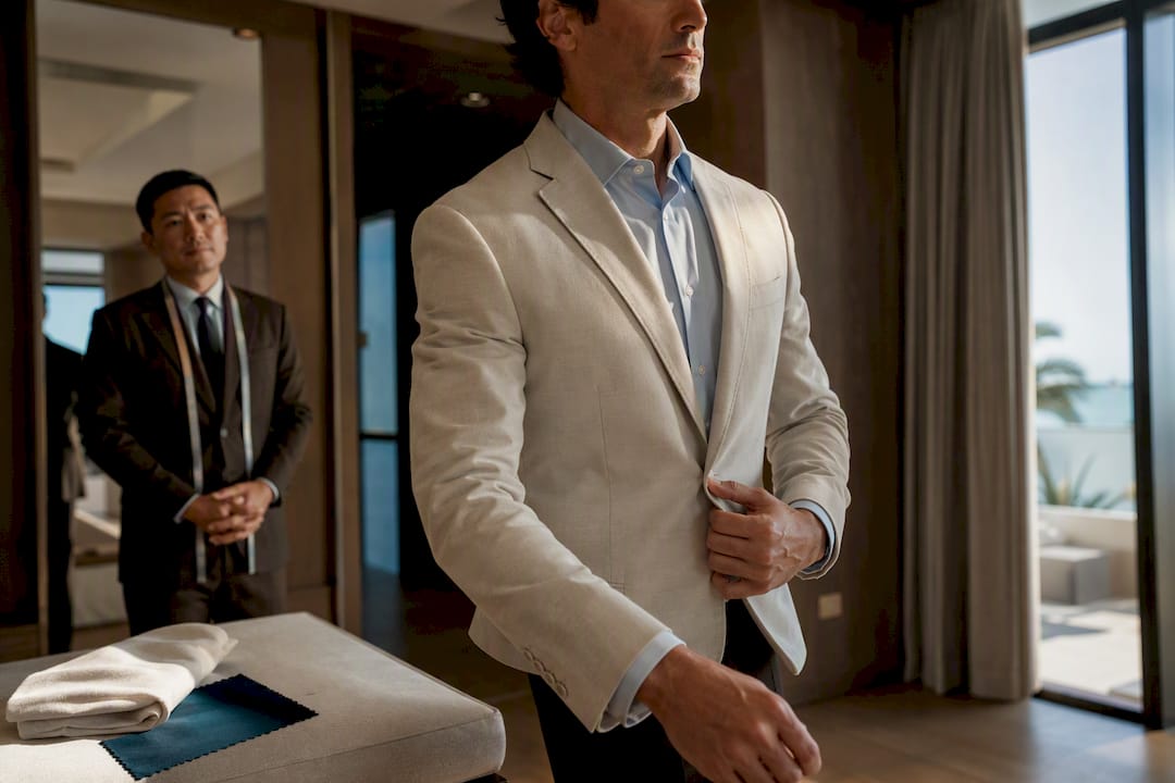 Client testing tailored jacket movement