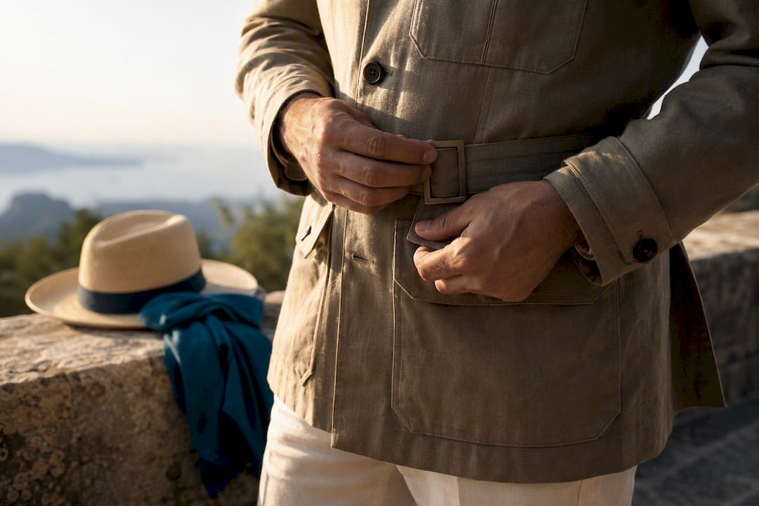 Detail of a safari jacket belt and pockets