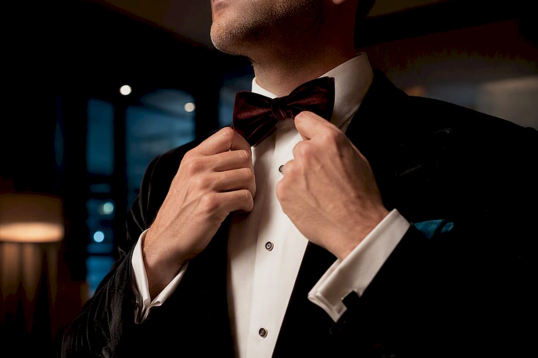 Close-up of velvet black tie styling