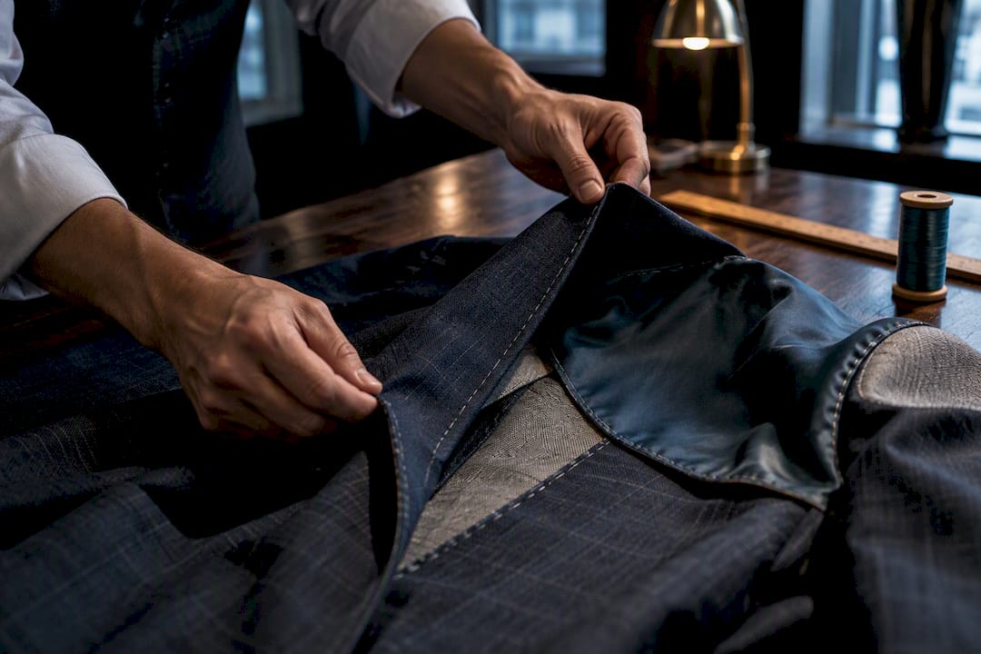 Tailor examining a buggy jacket lining