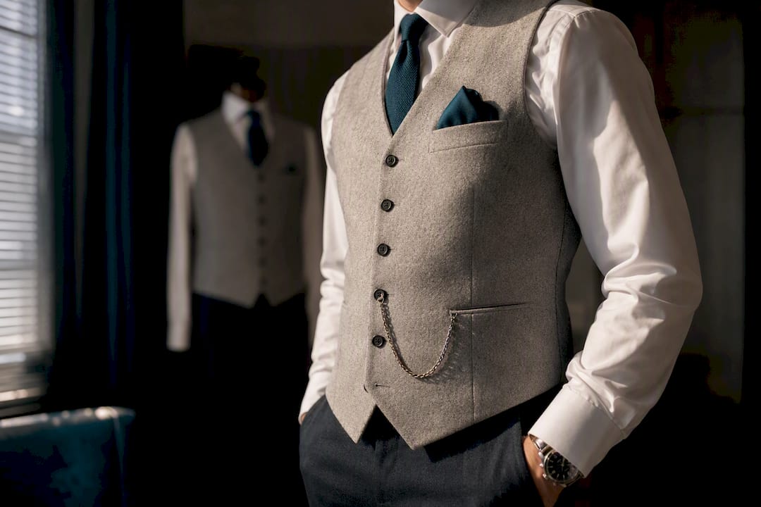 Cropped groom wearing formal wedding waistcoat